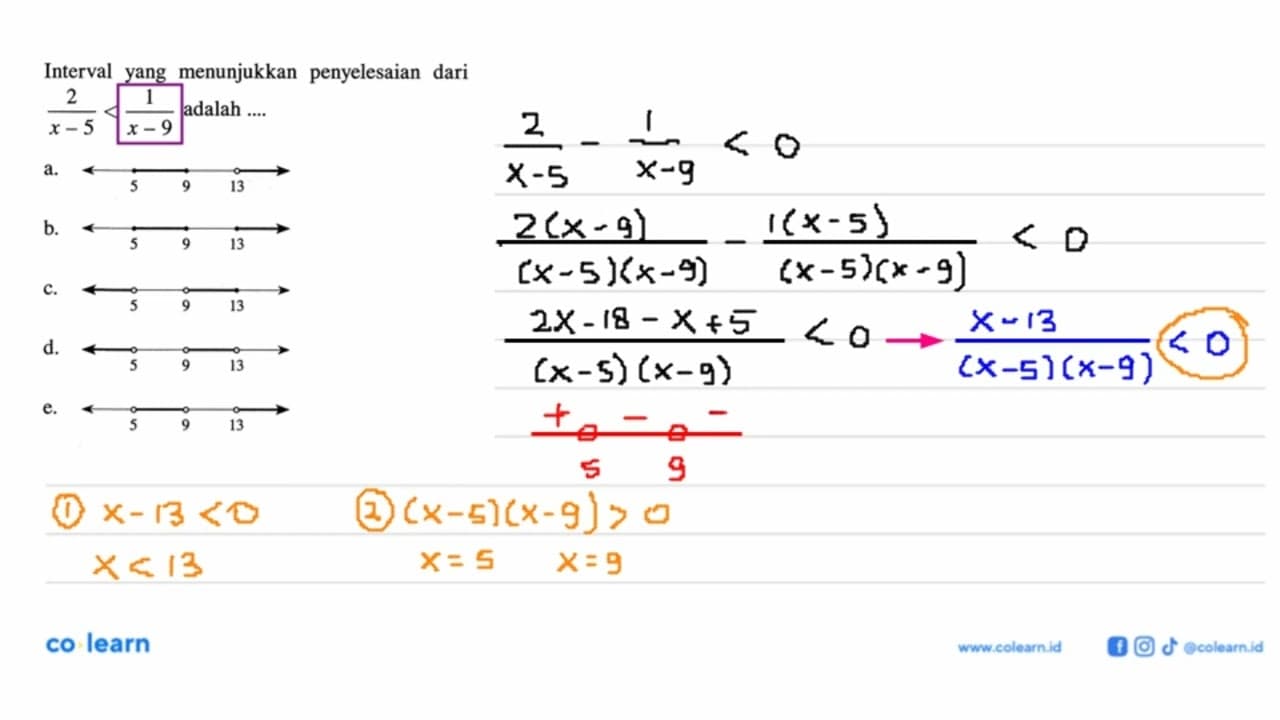 Interval yang menunjukkan penyelesaian dari 2/(x-5)<1/(x-9)