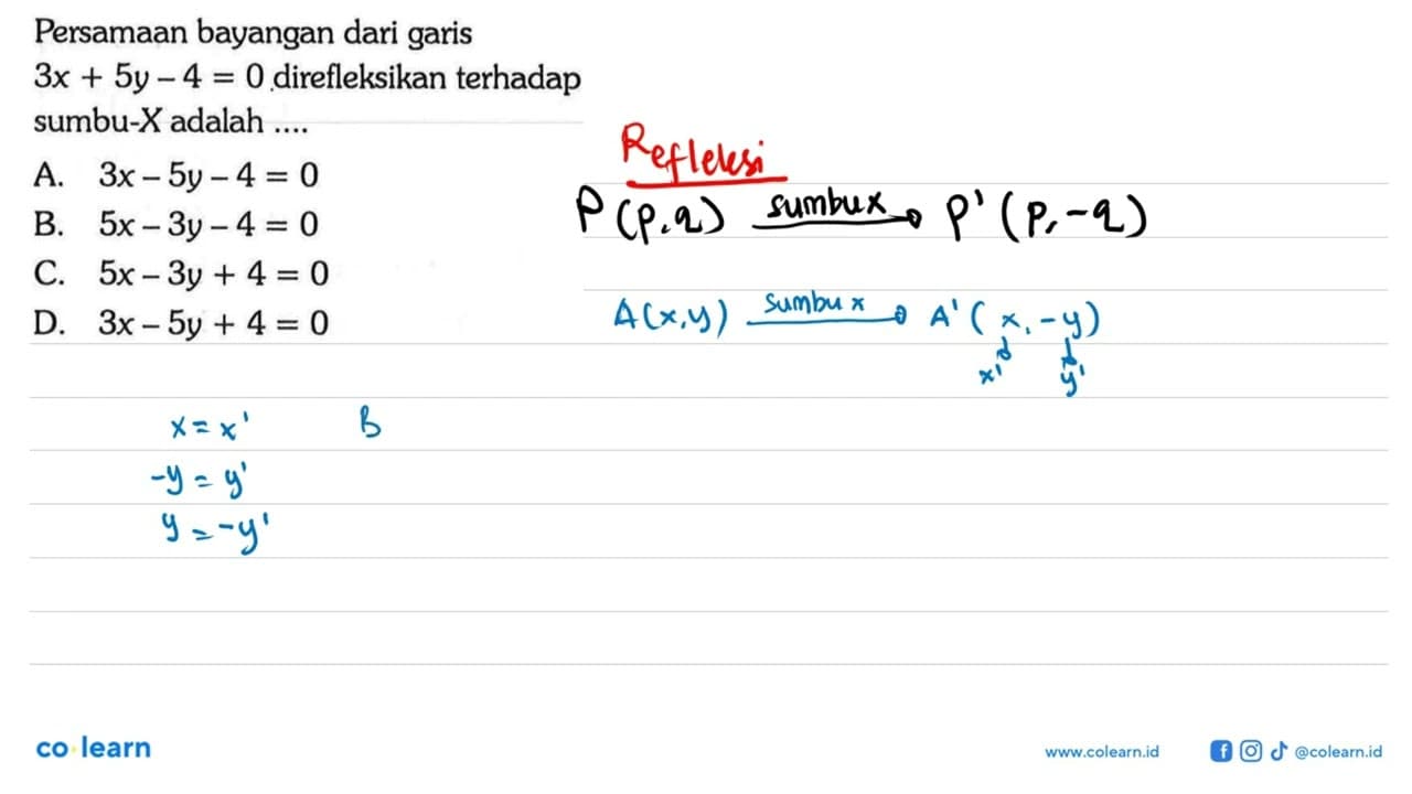 Persamaan bayangan dari garis 3x+5y-4=0 direfleksikan