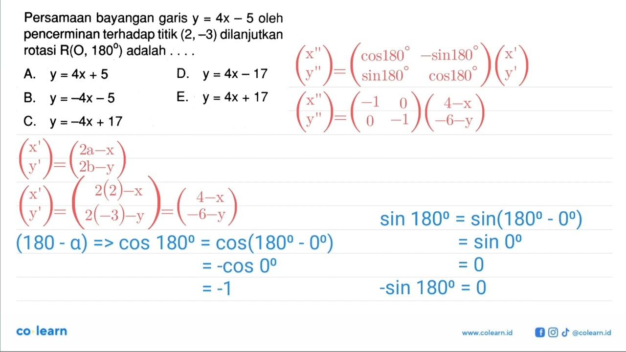 Persamaan bayangan garis y=4x-5 oleh pencerminan terhadap