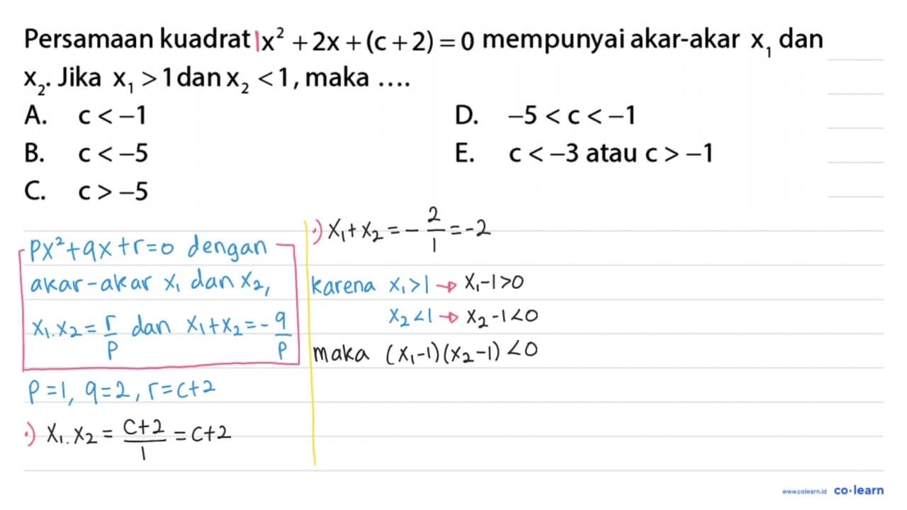 Persamaan kuadrat x^2 + 2x + (c + 2) = 0 mempunyai