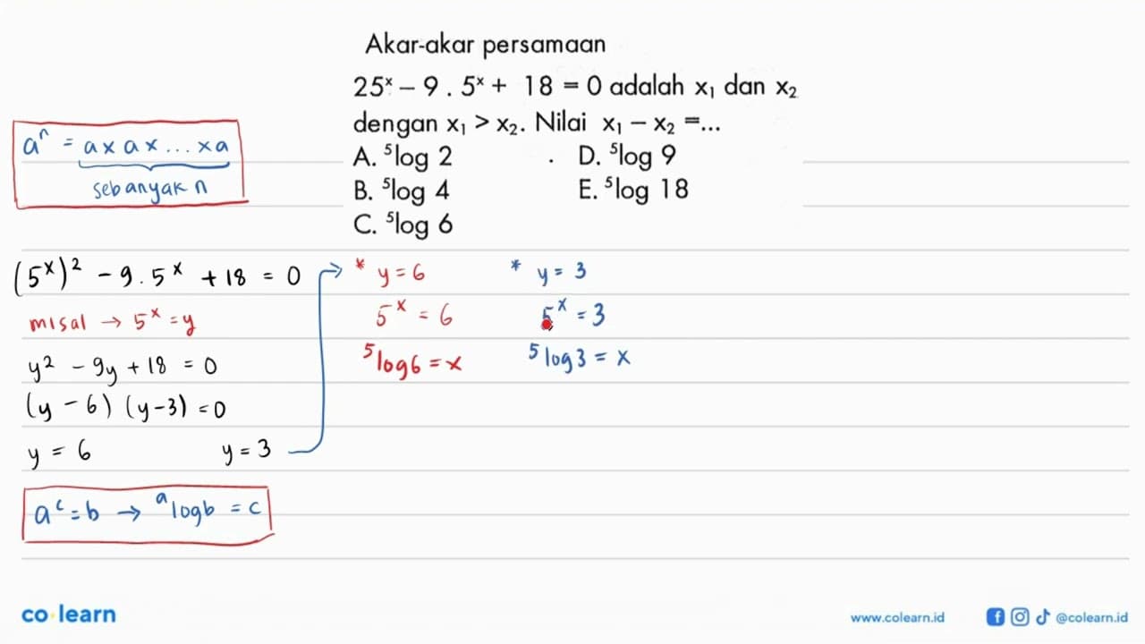 Akar-akar persamaan (25)^x-9.5^x+18=0 adalah x1 dan x2