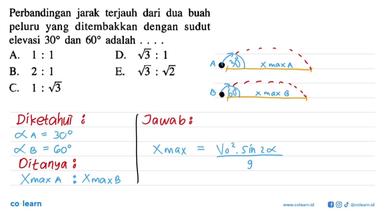 Perbandingan jarak terjauh dari dua buah peluru yang