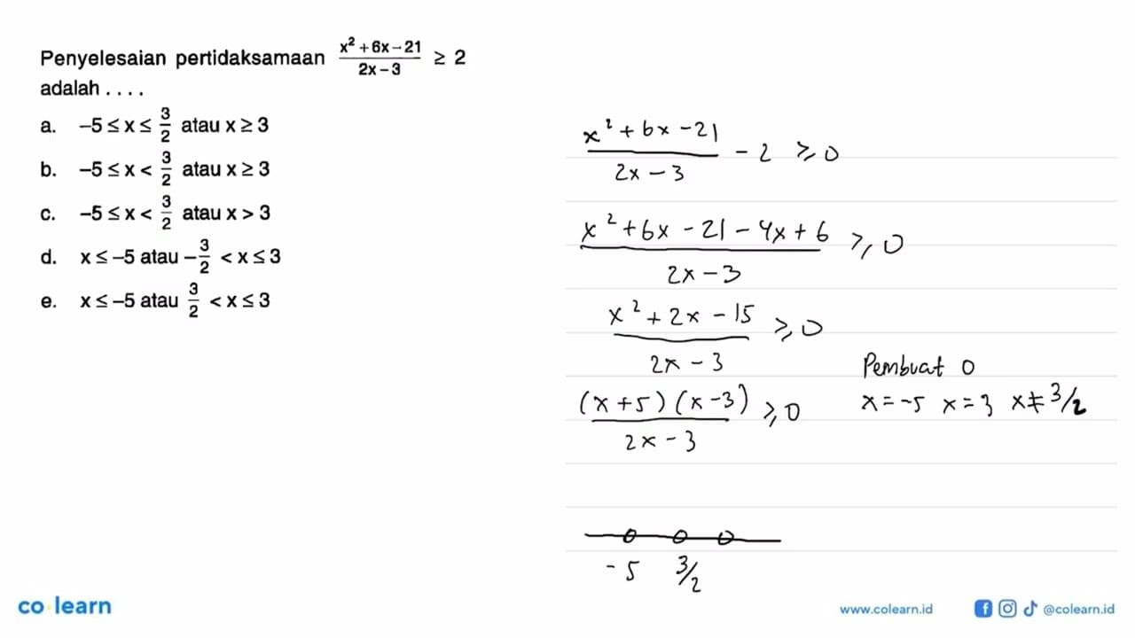 Penyelesaian pertidaksamaan x^2 + 6x - 21 / 2x-3 >= 2