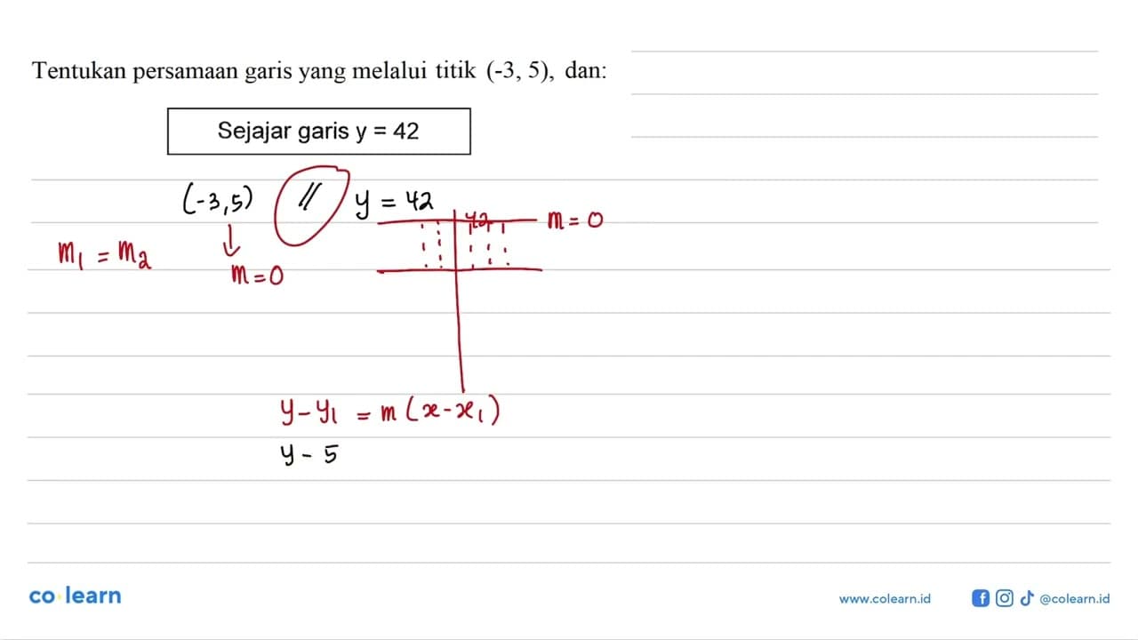 Tentukan persamaan garis yang melalui titik (-3,5), dan: