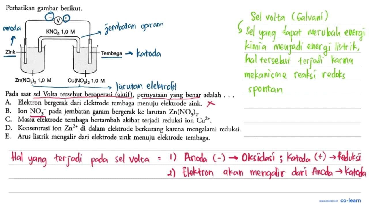 Perhatikan gambar berikut. V KNO3 1,0 M Zink Tembaga