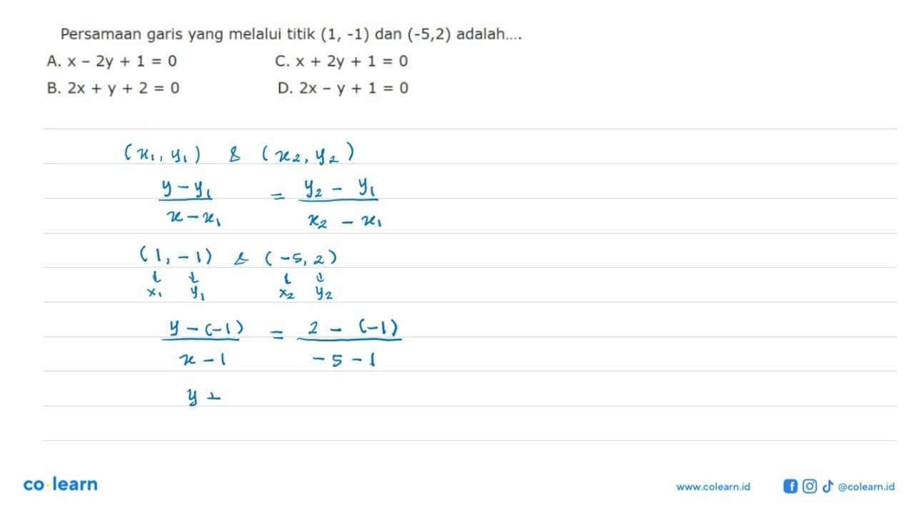 Persamaan garis yang melalui titik (1, -1) dan (-5, 2)