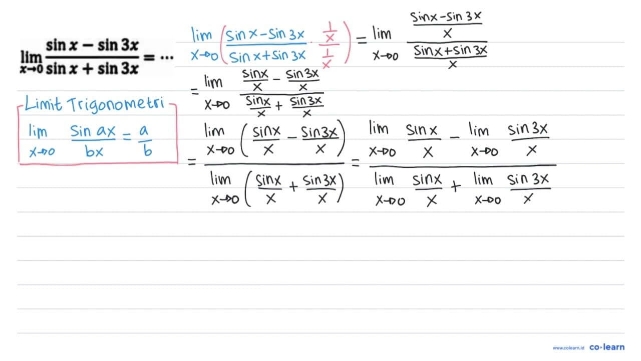 lim _(x -> 0) (sin x-sin 3 x)/(sin x+sin 3 x)=..