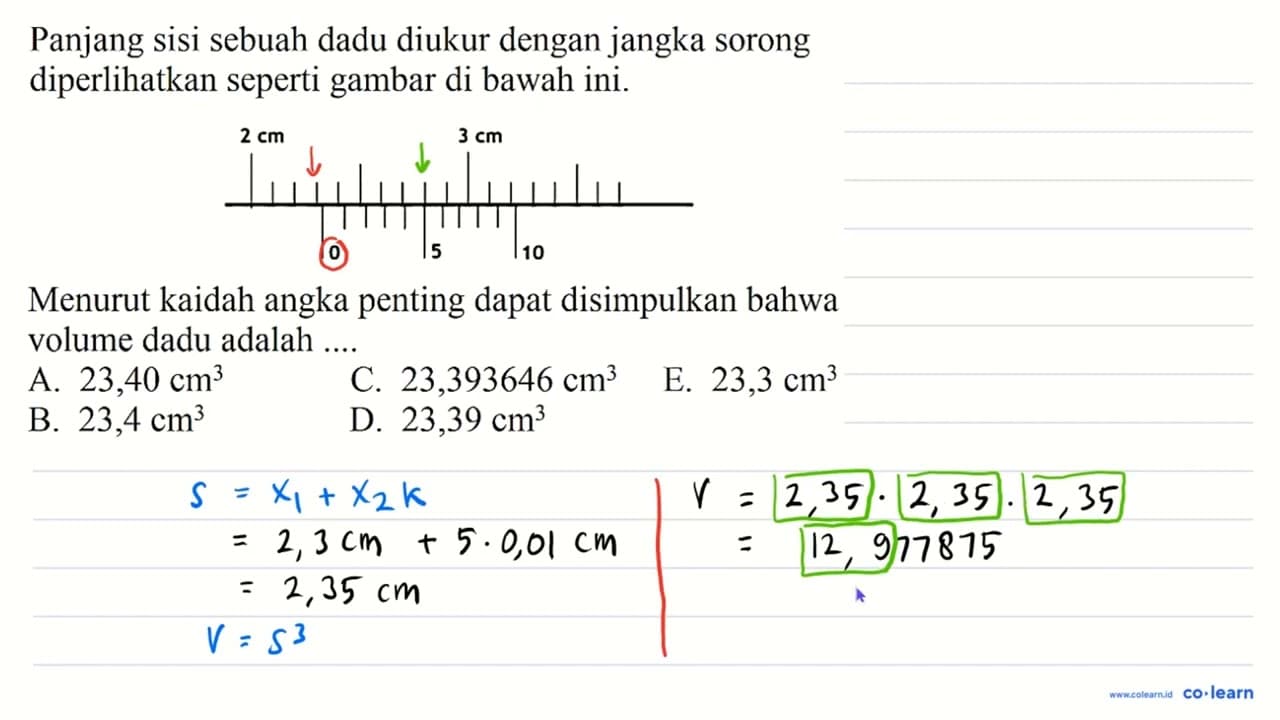 Panjang sisi sebuah dadu diukur dengan jangka sorong