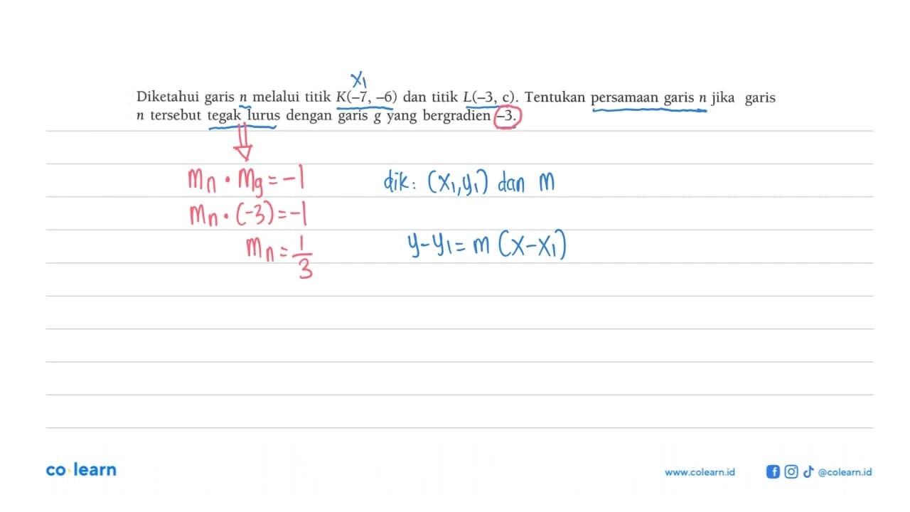 Diketahui garis n melalui titik K(-7, -6) dan titik L(-3,