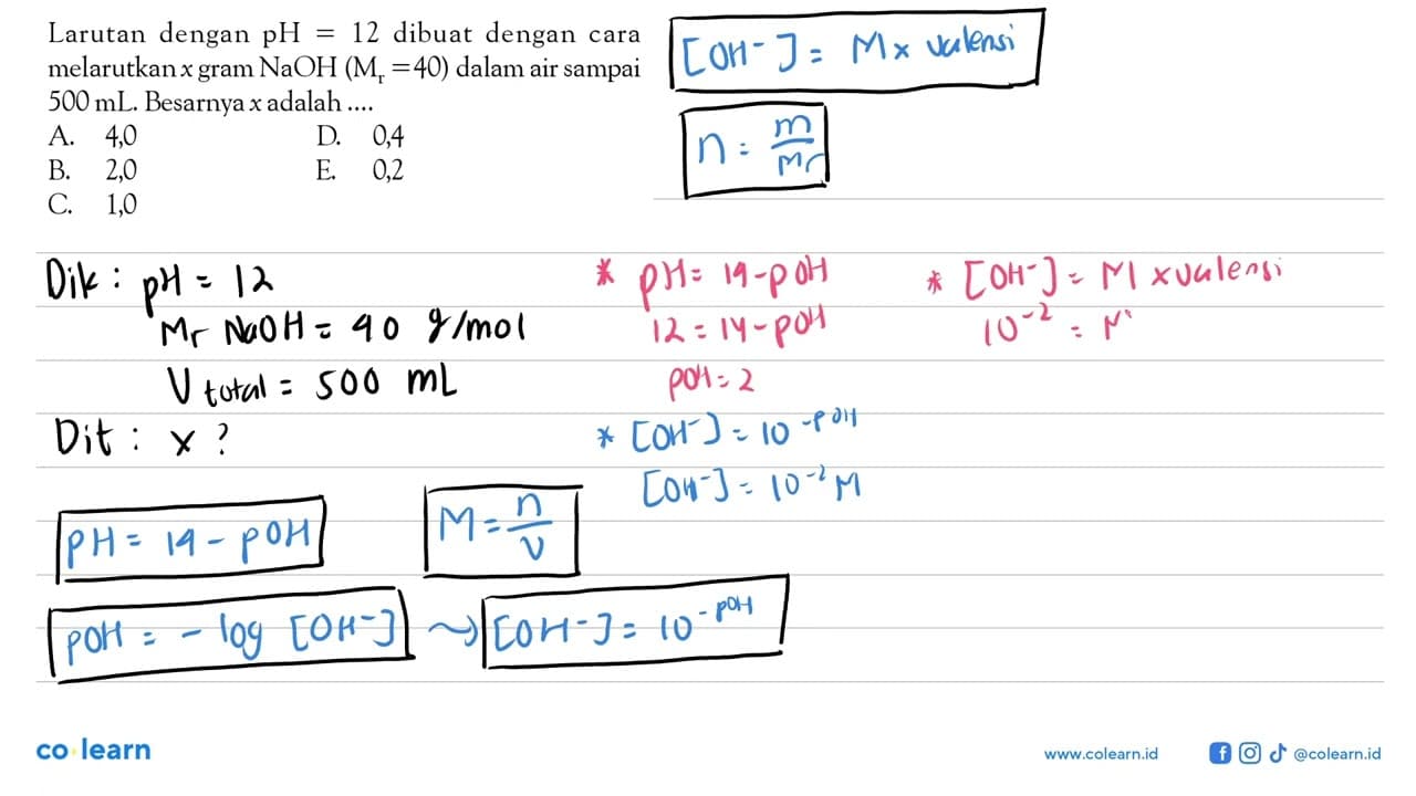 Larutan dengan pH=12 dibuat dengan cara melarutkan x gram