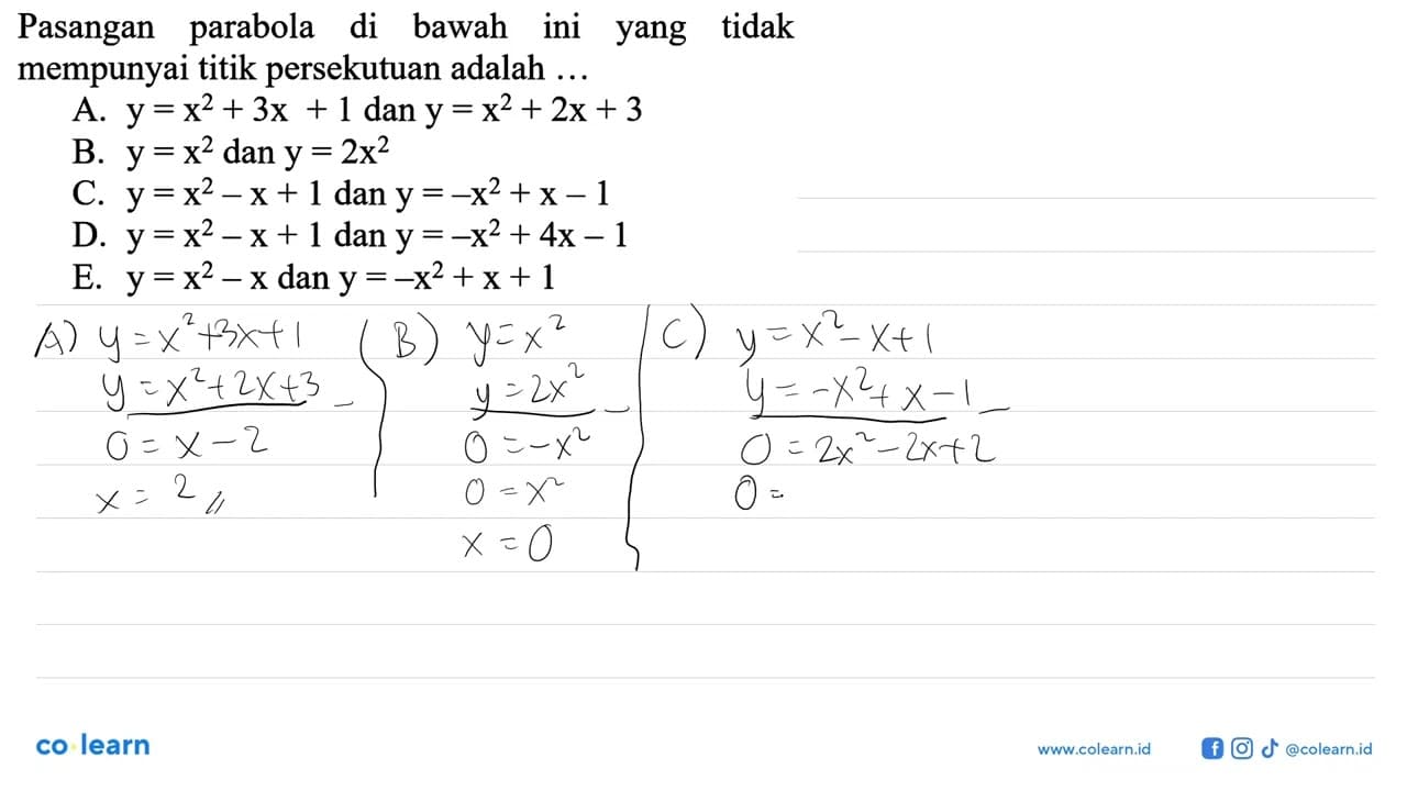 Pasangan parabola di bawah ini tidak yang mempunyai titik