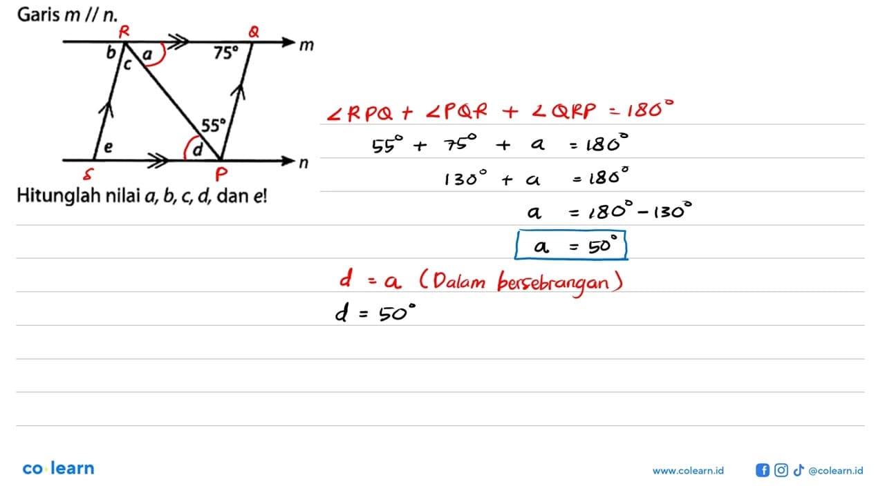 Garis m // n. b c a 75 m 55 e d n Hitunglah nilai a, b, c,