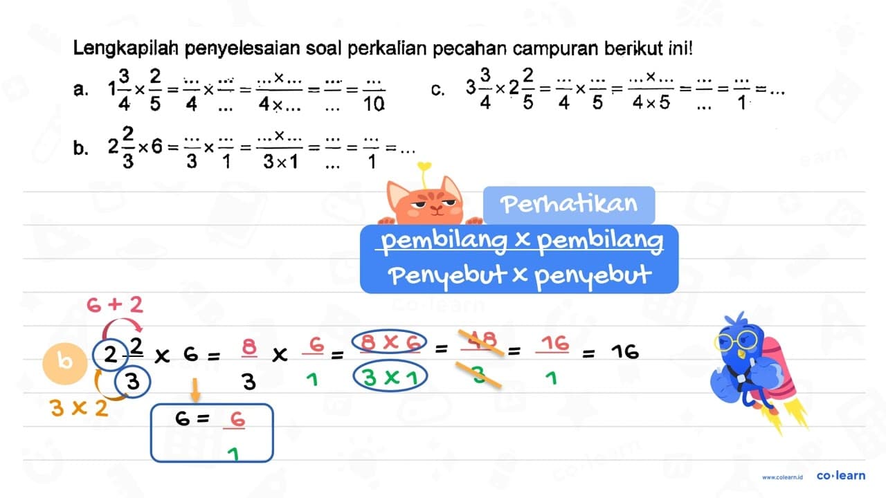 Lengkapilah penyelesaian soal perkalian pecahan campuran