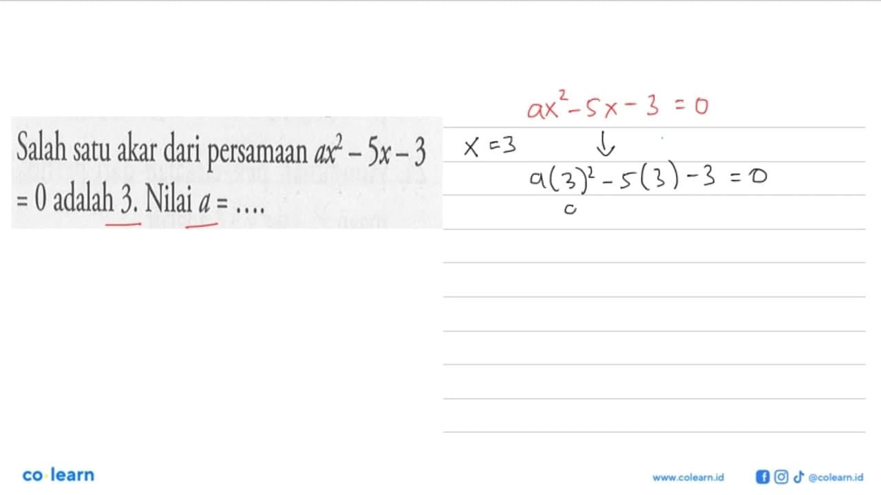 Salah satu akar dari persamaan ax^2 - 5x - 3 = 0 adalah 3.