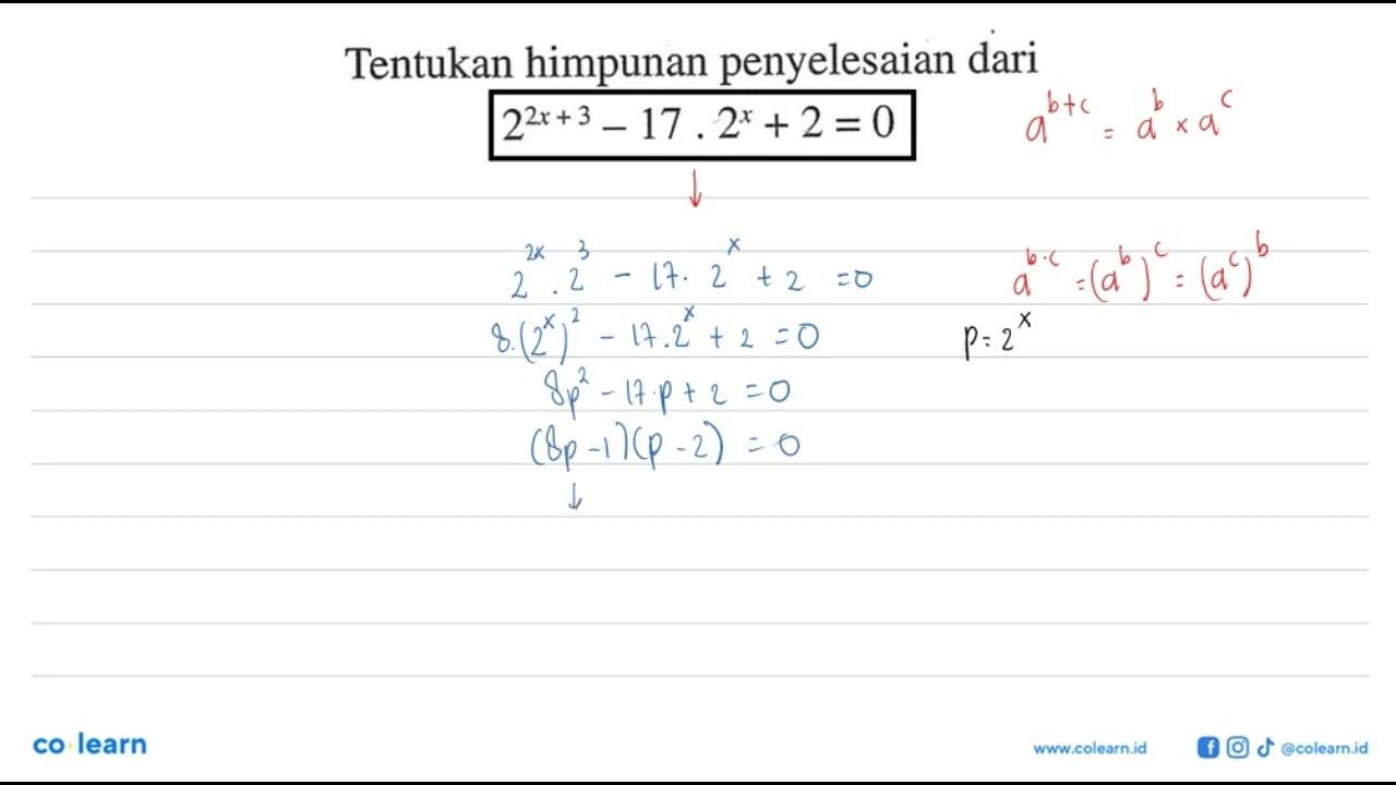 Tentukan himpunan penyelesaian dari 2^(2x+3)-17.2^x+2=0