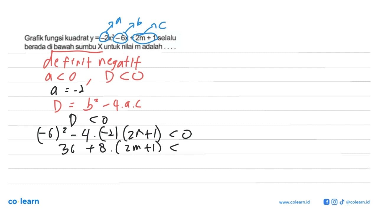 Grafik fungsi kuadrat y=-2x^2-6x+2m+1 selalu berada di