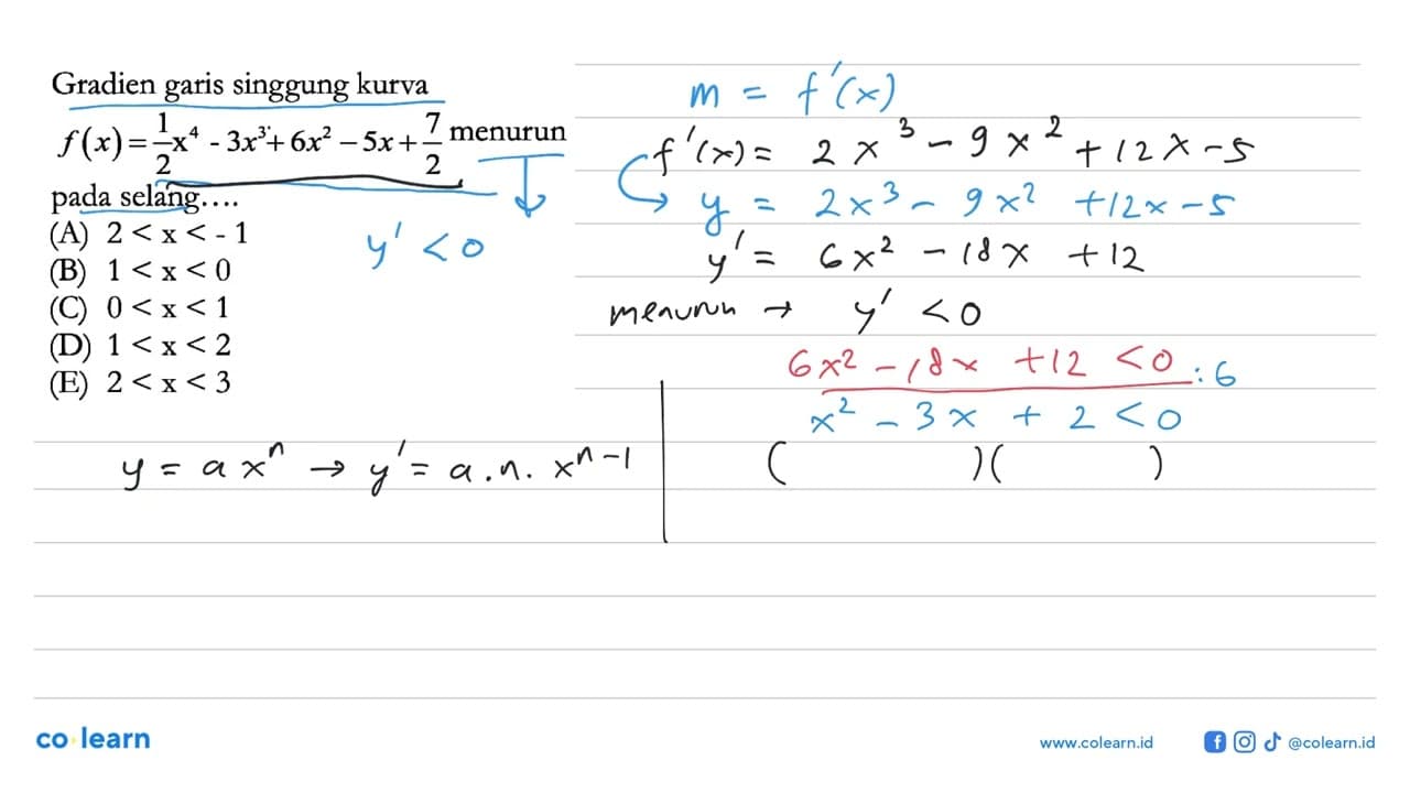 Gradien garis singgung kurva f(x)=1/2x^4-3x^3+6x^2-5x+7/2