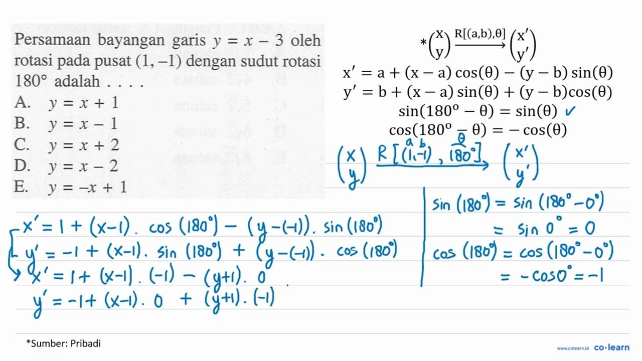 Persamaan bayangan garis y=x-3 oleh rotasi pada pusat (1,