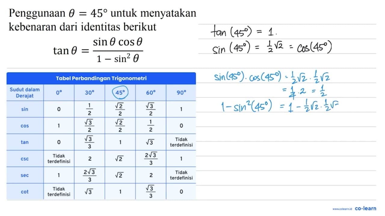 Penggunaan theta=45 untuk menyatakan kebenaran dari