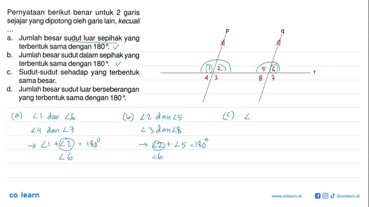 Pernyataan berikut benar untuk 2 garis sejajar yang