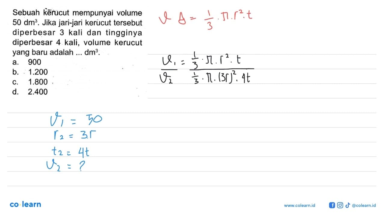 Sebuah k̃erucut mempunyai volume 50 dm^3. Jika jari-jari