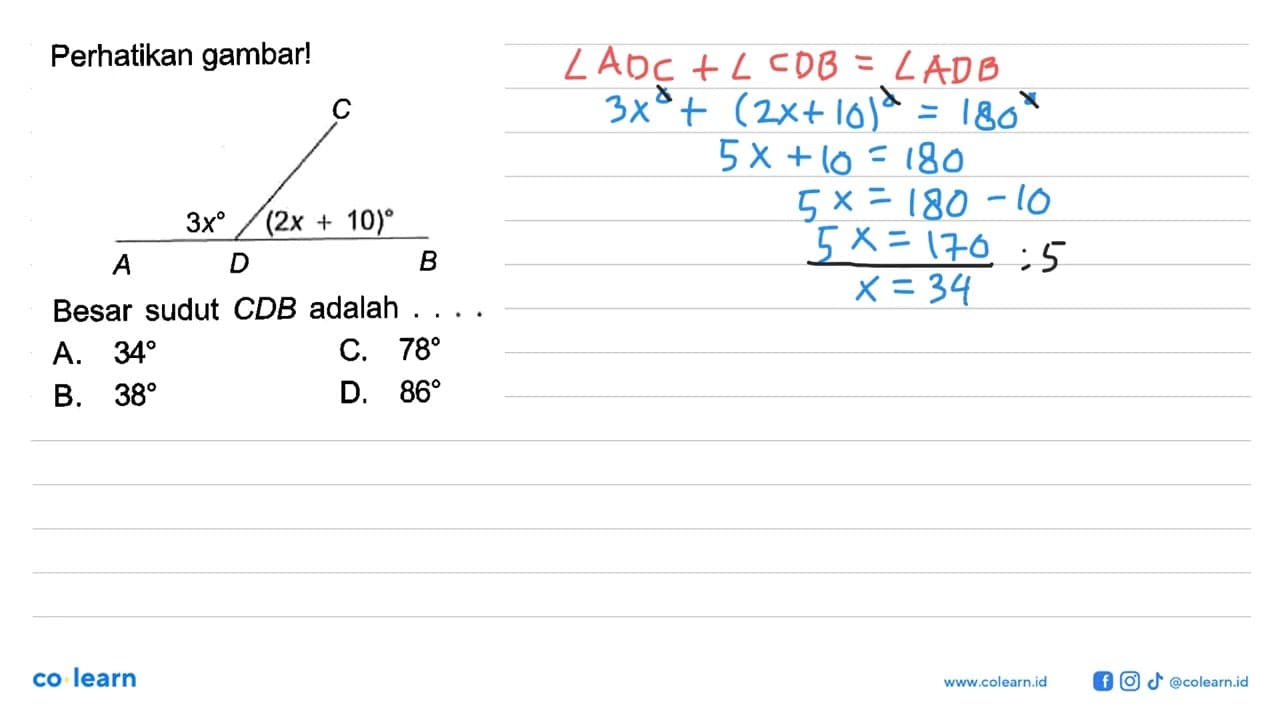 Perhatikan gambar! 3x (2x+10) Besar sudut CDB adalah ...