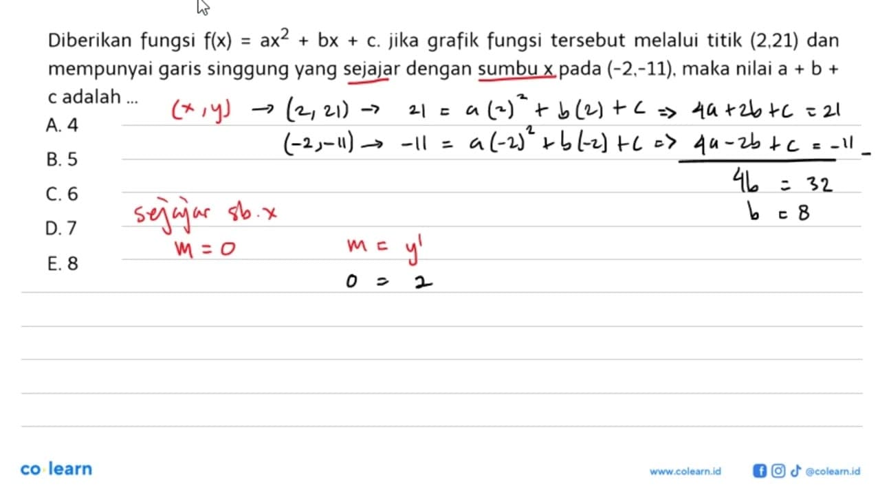 Diberikan fungsi f(x)=ax^2+bx+c. jika grafik fungsi