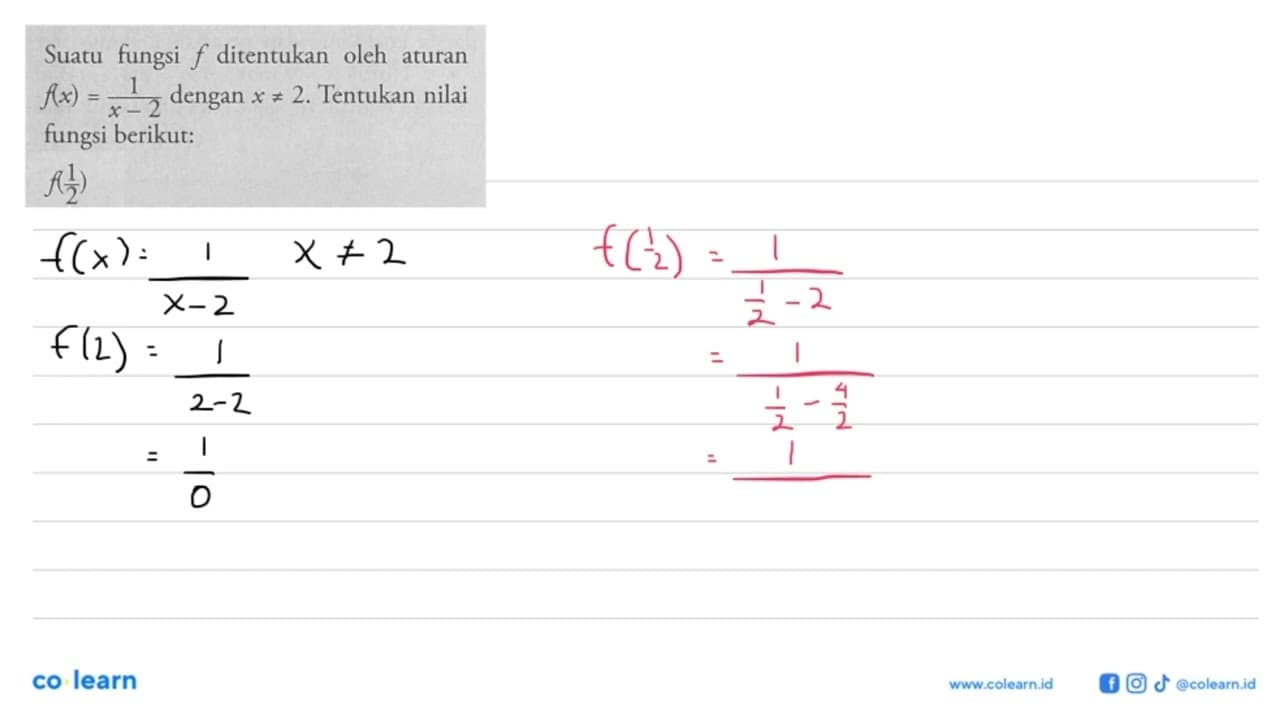 Suatu fungsi f ditentukan oleh aturan f(x)=1/(x-2) dengan