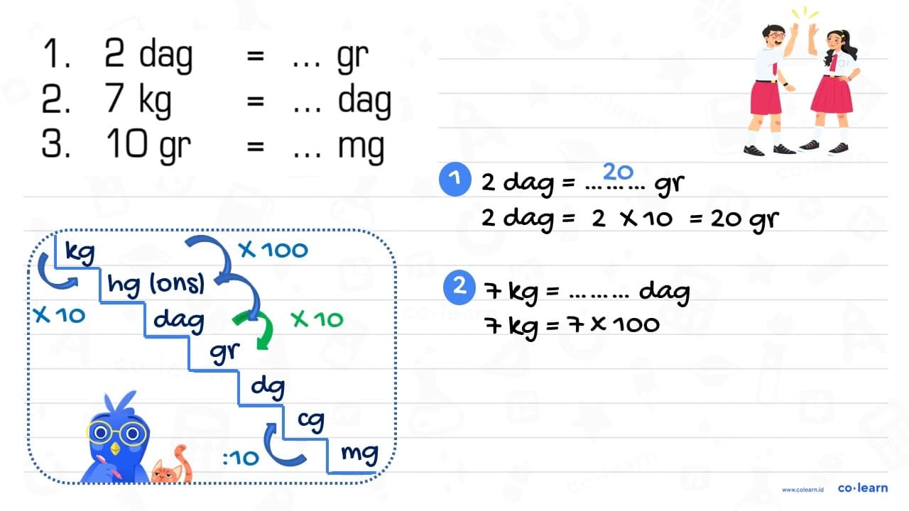 1. 2 dag = ... gr 2. 7 kg = ... dag 3. 10 gr = ... mg