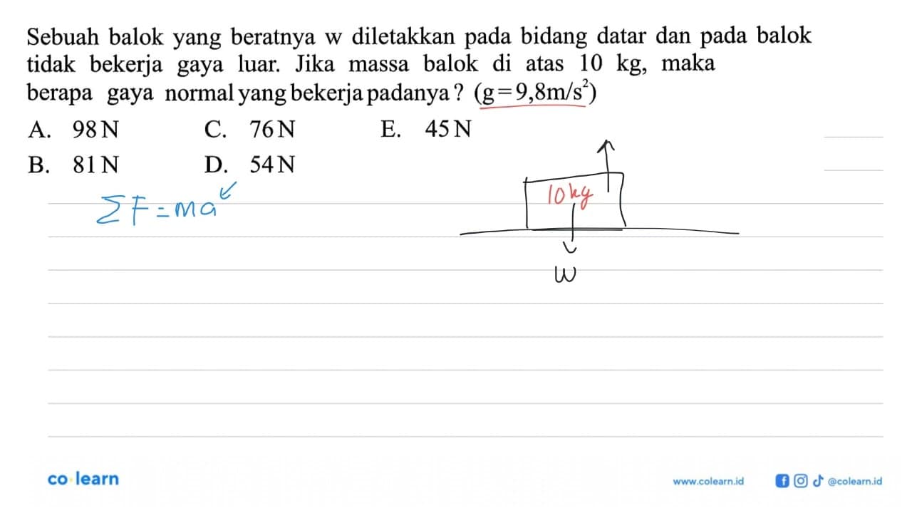 Sebuah balok yang beratnya w diletakkan pada bidang datar