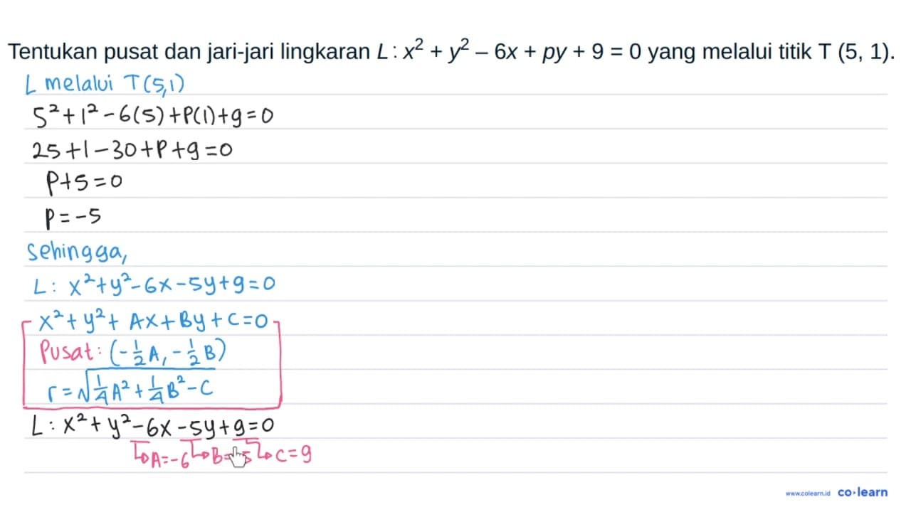 Tentukan pusat dan jari-jari lingkaran L x^2 + y^2 - 6x +