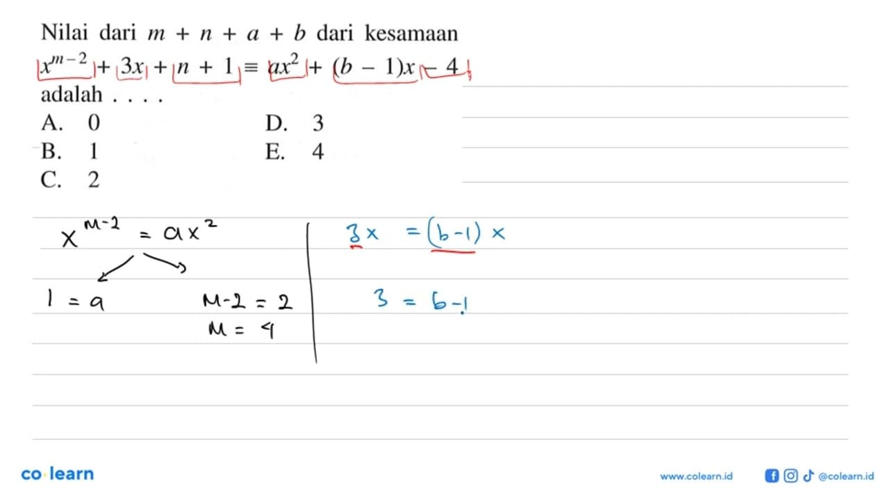 Nilai dari m+n+a+b dari kesamaan x^(m-2)