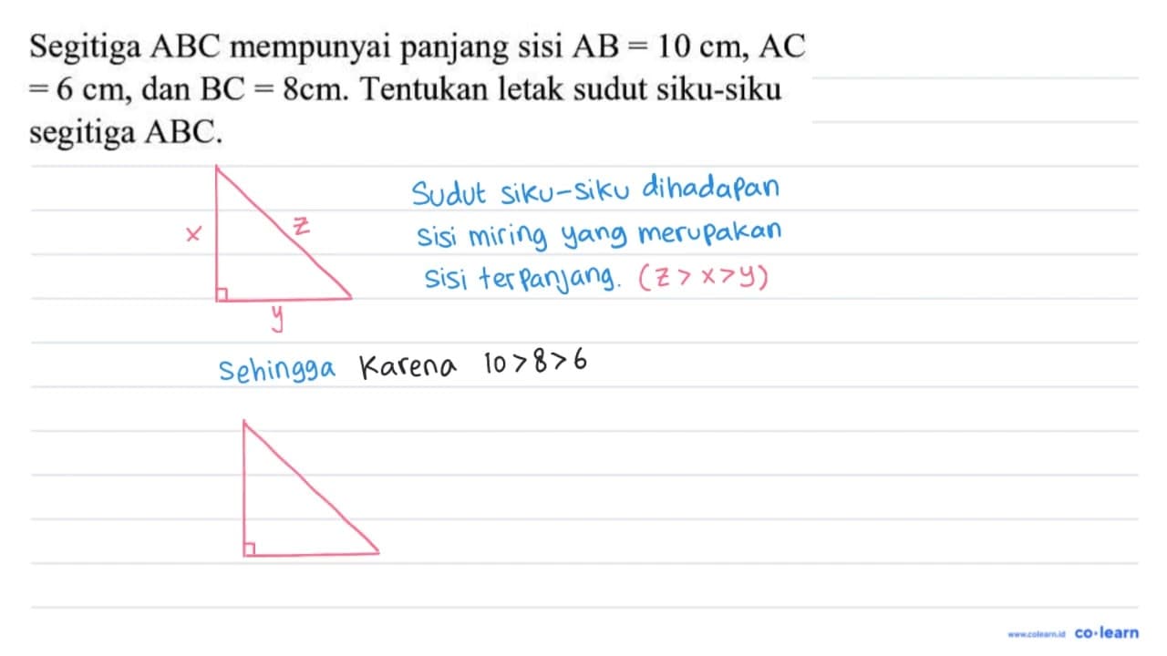 Segitiga A B C mempunyai panjang sisi A B=10 cm, A C =6 cm,