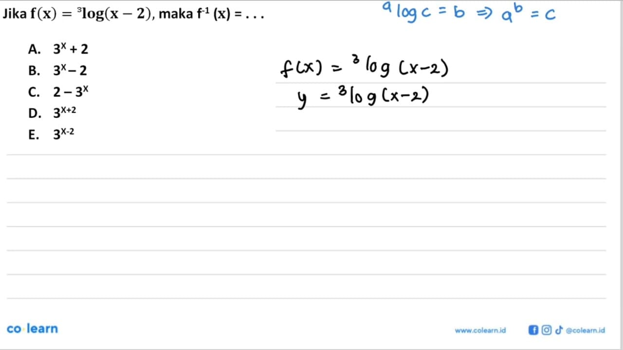 Jika f(x)=^3log(x-2), maka f^-1(x)=...