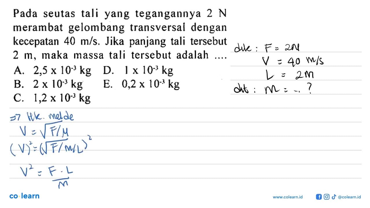 Pada seutas tali yang tegangannya 2 N merambat gelombang