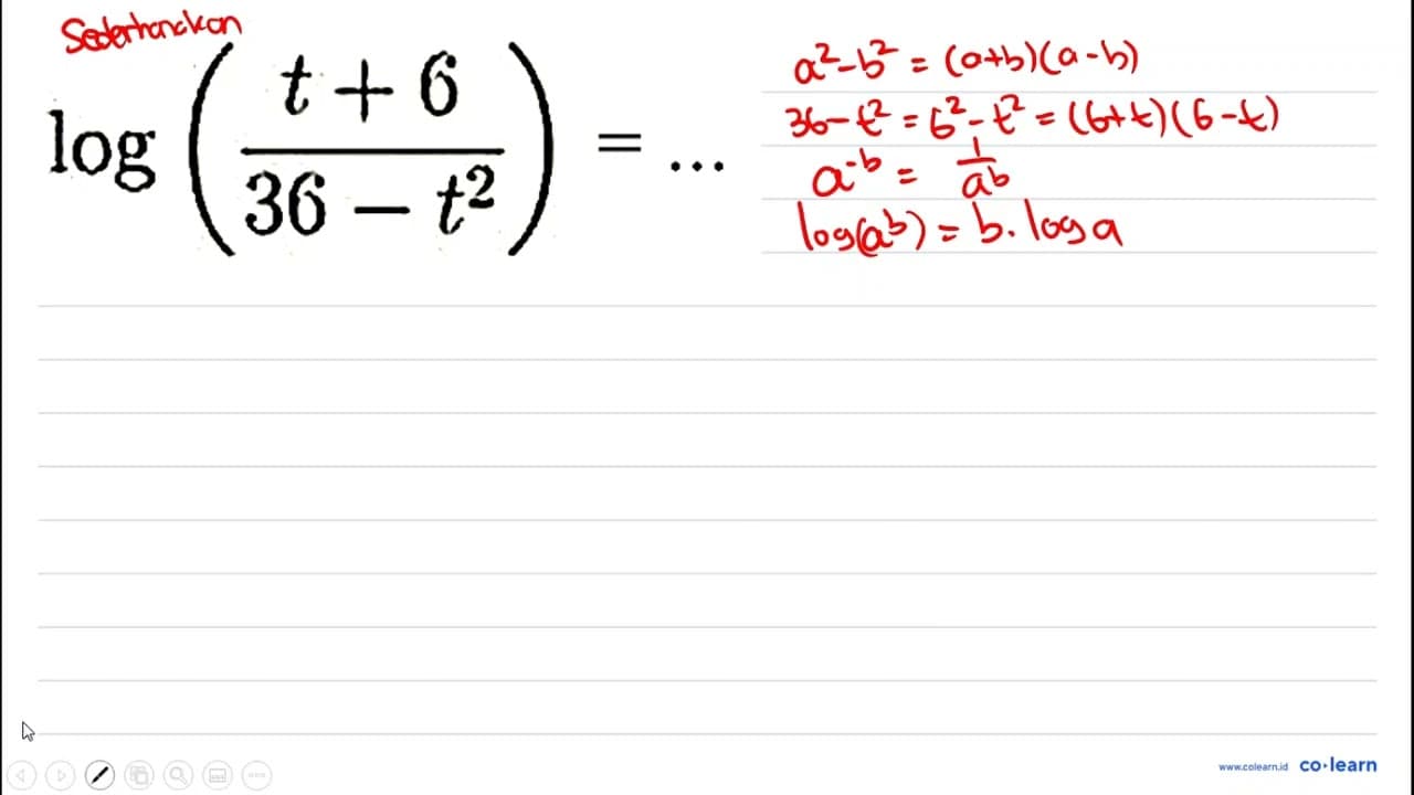 log ((t+6)/(36-t^(2)))=...