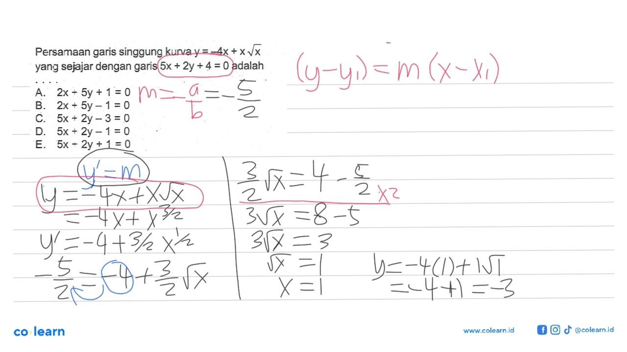 Persamaan garis singgung kurva y=-4x+x akar(x) yang sejajar