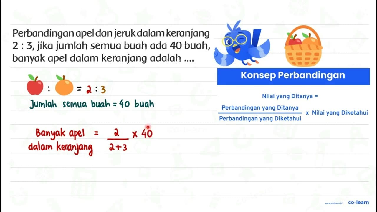 Perbandingan apel dan jeruk dalamkeranjang 2 : 3, jika