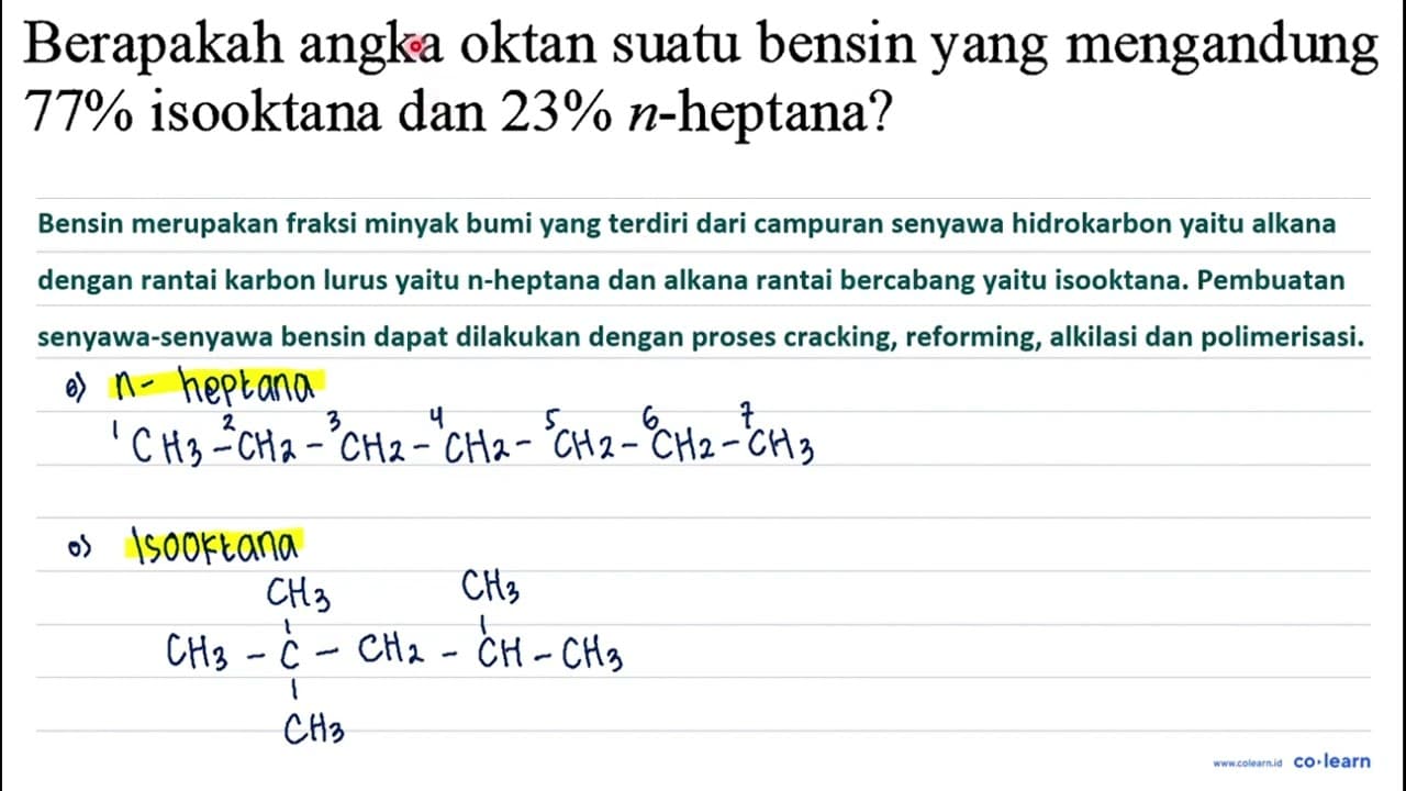 Berapakah angka oktan suatu bensin yang mengandung 77 %