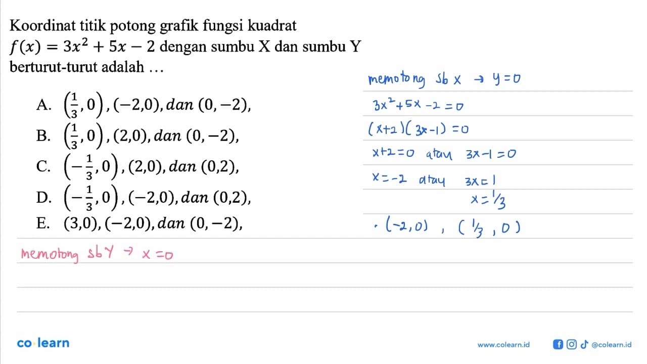 Koordinat titik potong grafik fungsi kuadrat f(x)=3x^2+5x-2