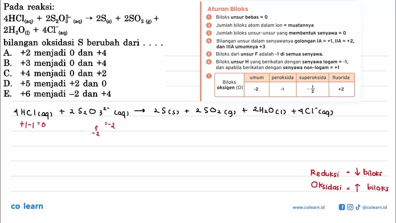 Pada reaksi: 4HCl(aq)+2S2O3^(2-)(aq) ->