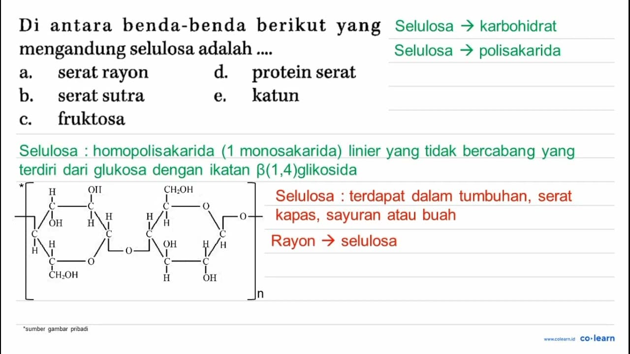 Di antara benda-benda berikut yang mengandung selulosa