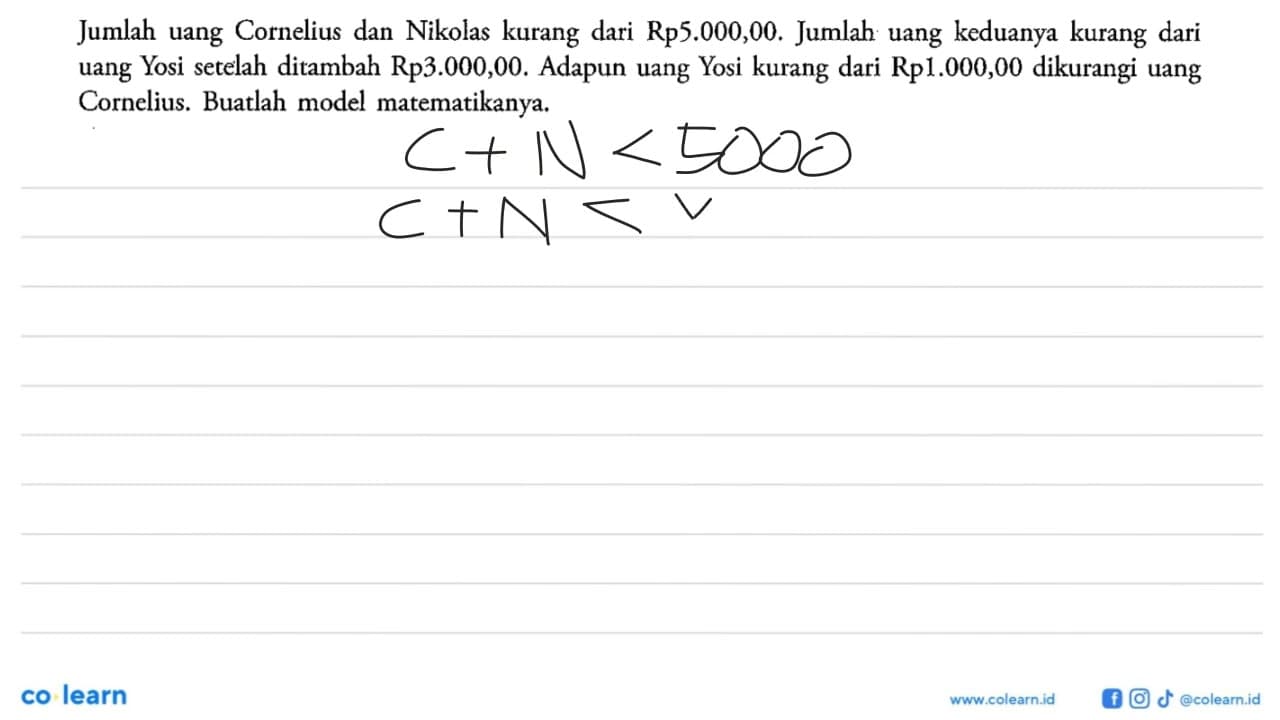 Jumlah uang Cornelius dan Nikolas kurang dari Rp5.000,00.