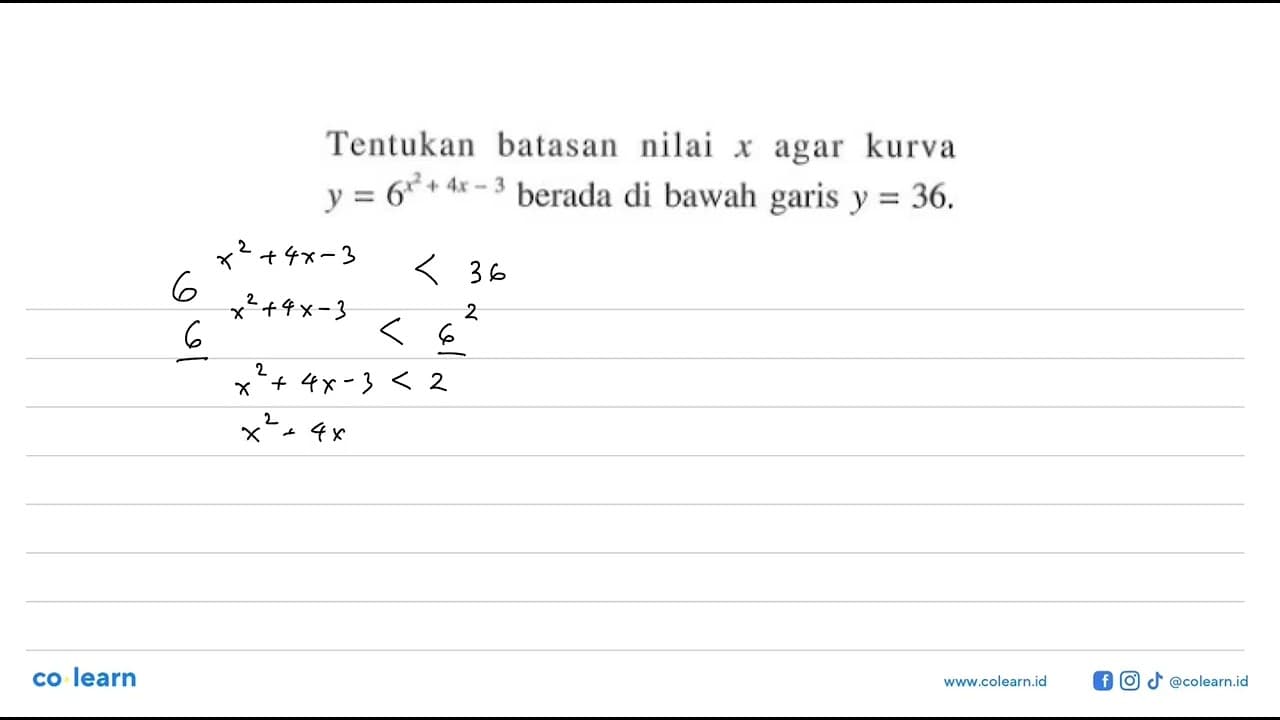 Tentukan batasan nilai x agar kurva y=6^(x^2+4x-3) berada