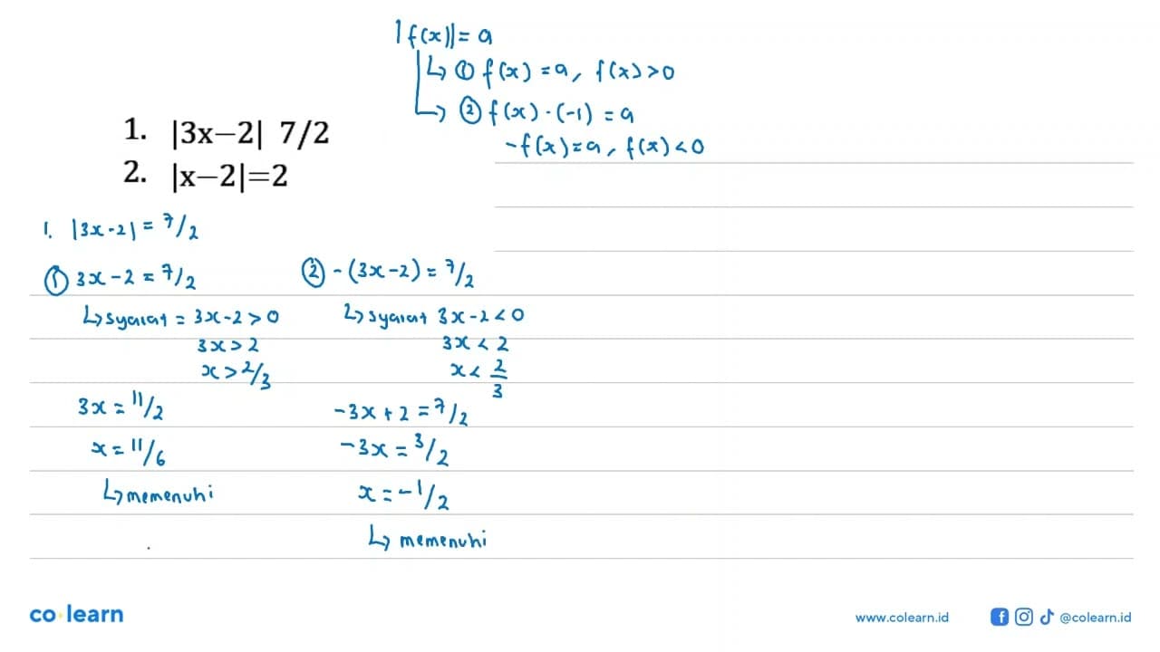 1. |3x-2|7/2 2. |x-2|=2