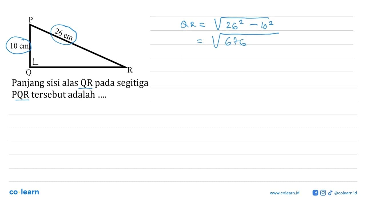 Segitiga siku-siku PQRTitik siku-siku di QTinggi PQ=10