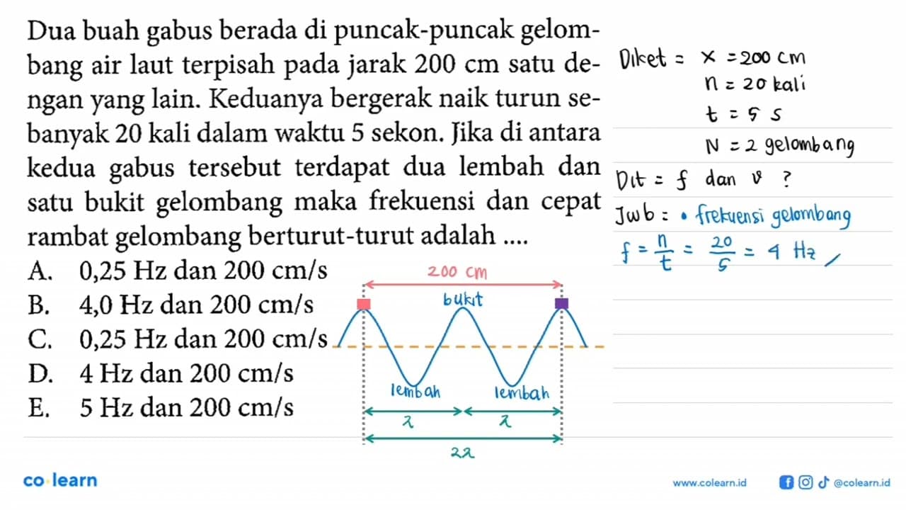 Dua buah gabus berada di puncak-puncak gelombang air laut