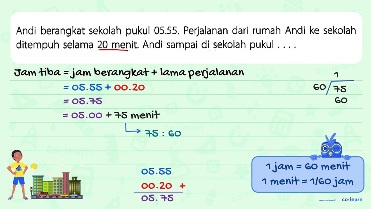 Andi berangkat sekolah pukul 05.55. Perjalanan dari rumah