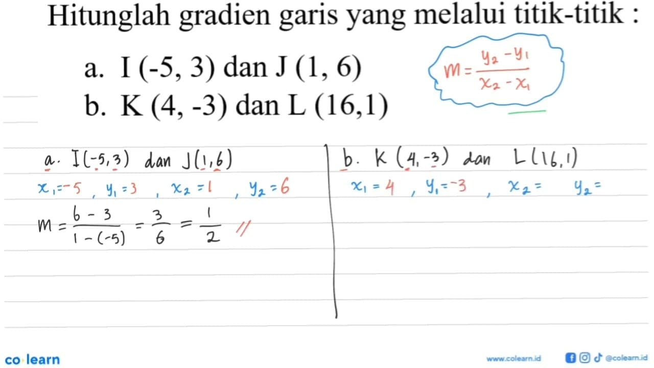 Hitunglah gradien garis yang melalui titik-titik : a. I