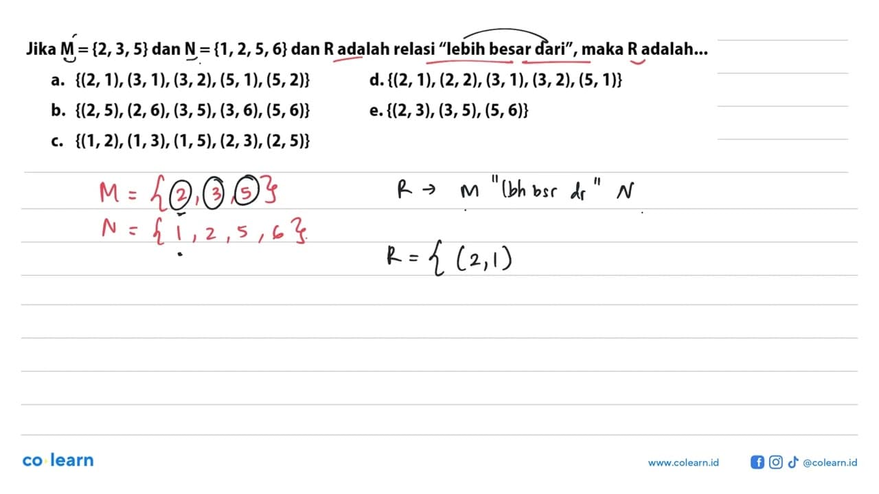 Jika M = {2, 3, 5} dan N={1,2,5,6} dan R adalah relasi